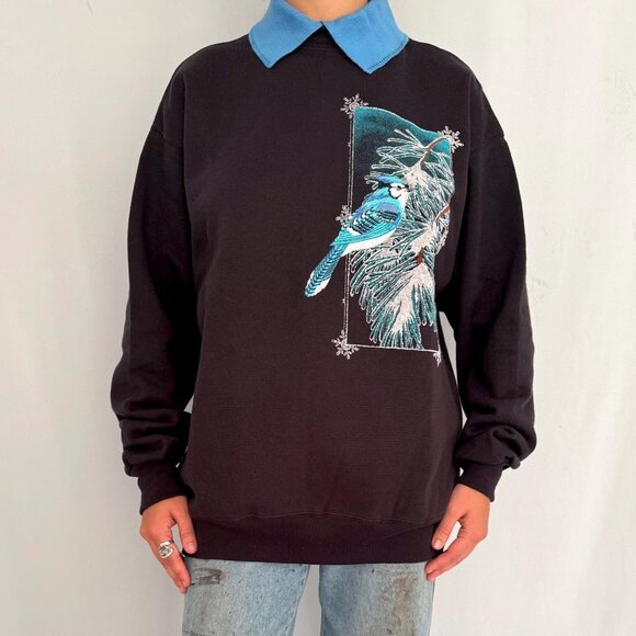 90s vintage snowy winter bird nature graphic collared cotton pullover sweatshirt - Picture 2 of 8